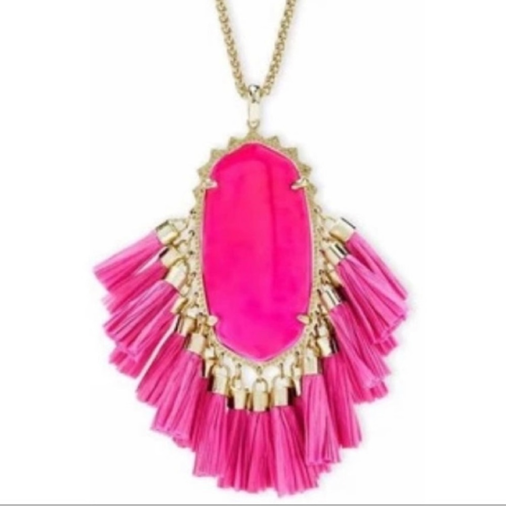 Kendra Scott Betsy pink agate & gold tassel adjustable necklace. Barbie pink